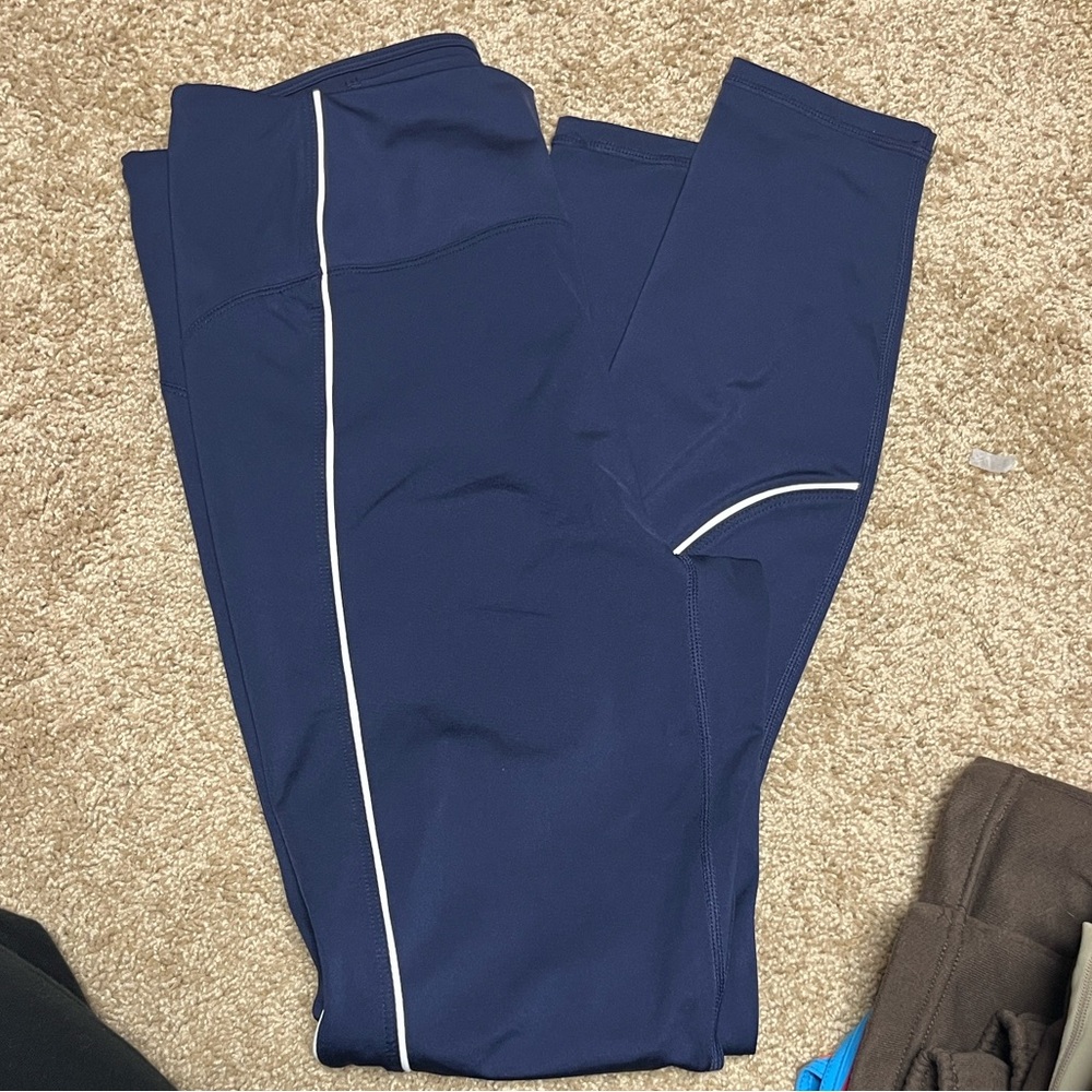 Fabletics Navy Blue Leggings with White Piping